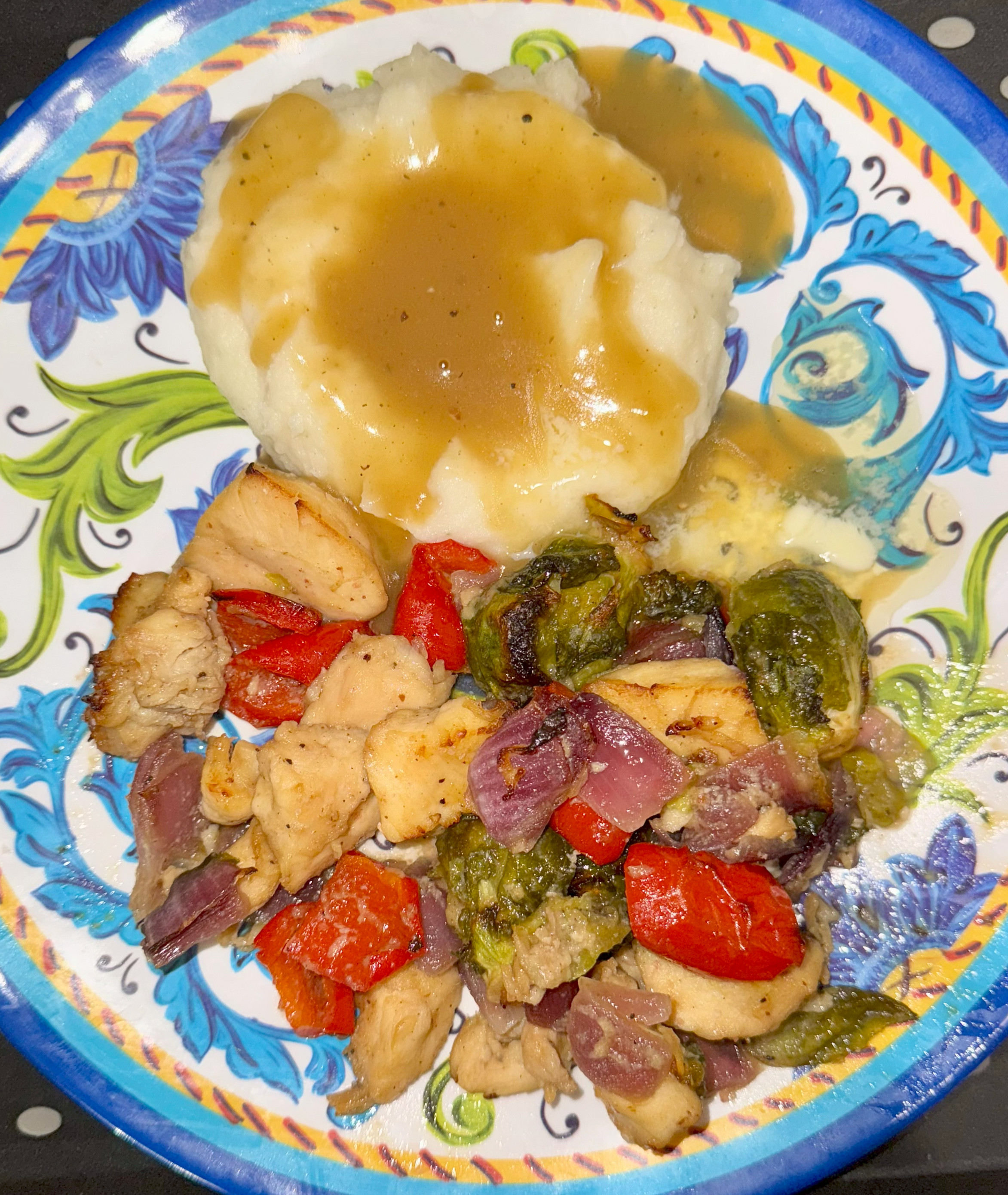 Maple–Miso Sheet-Pan Chicken with Brussels, Peppers & Red Onion