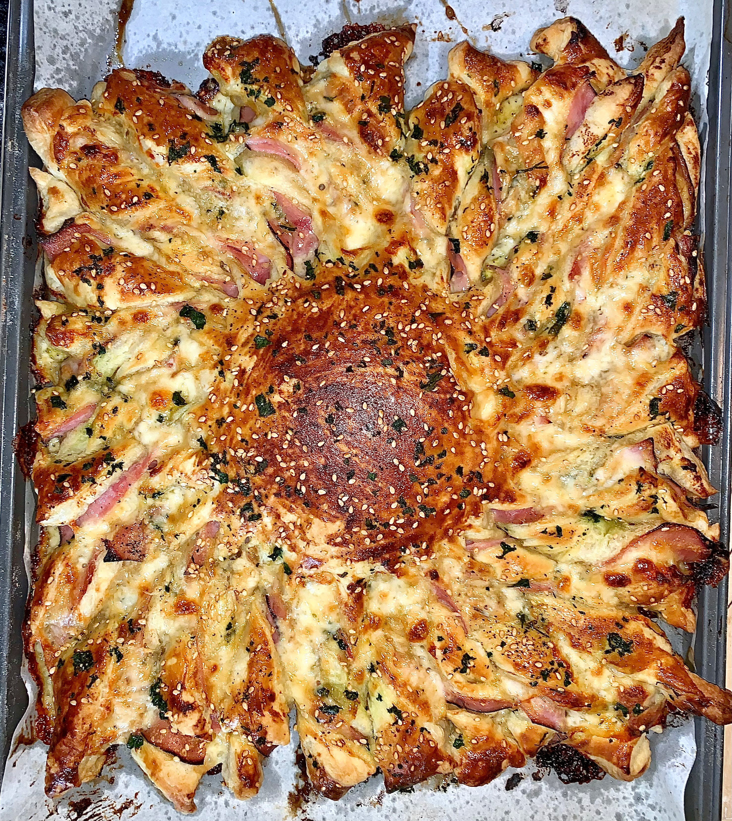 Twisted Ham and Cheese Wheel in Puff Pastry